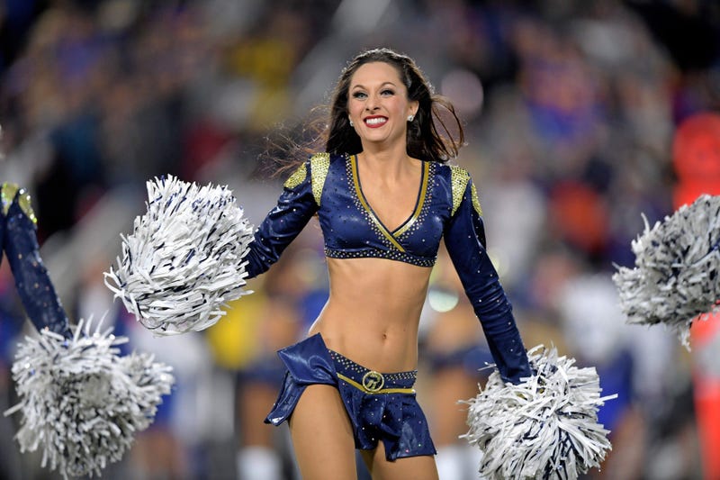 Nov 25, 2019; Los Angeles, CA, USA; A Los Angeles Rams cheerleader performs against the Baltimore Ravens during the first half at Los Angeles Memorial Coliseum. Mandatory Credit: Kirby Lee-USA TODAY Sports