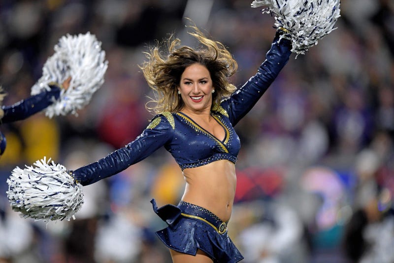 Nov 25, 2019; Los Angeles, CA, USA; A Los Angeles Rams cheerleader performs against the Baltimore Ravens during the first half at Los Angeles Memorial Coliseum. Mandatory Credit: Kirby Lee-USA TODAY Sports