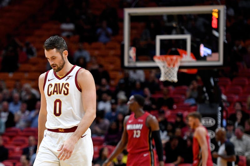 Nov 20, 2019; Miami, FL, USA; Cleveland Cavaliers forward Kevin Love (0) reacts against the Miami Heat during the first half at American Airlines Arena. Mandatory Credit: Steve Mitchell-USA TODAY Sports