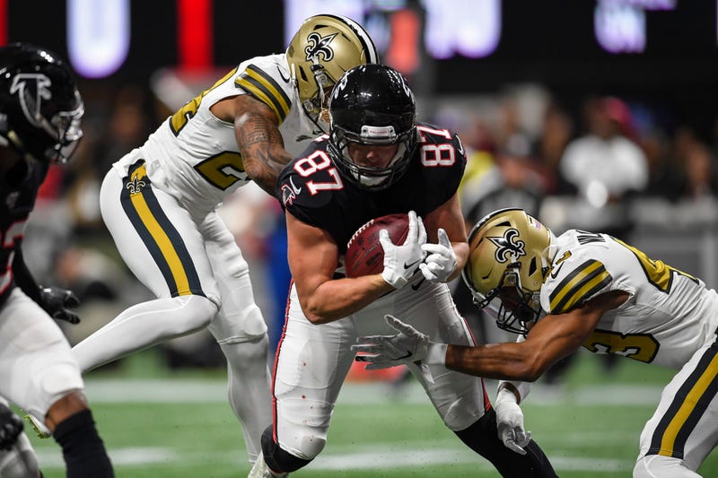 Nov 28, 2019; Atlanta, GA, USA; Atlanta Falcons tight end Jaeden Graham (87) reacts after catching a touchdown pass against the New Orleans Saints during the first half at Mercedes-Benz Stadium. Mandatory Credit: Dale Zanine-USA TODAY Sports