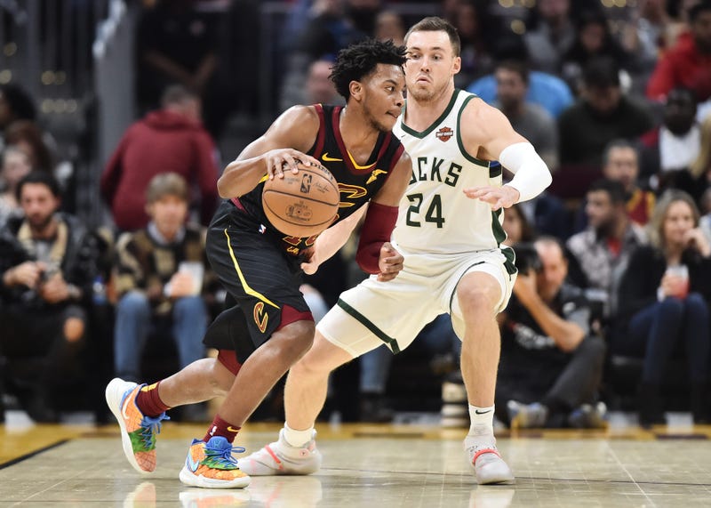 Cleveland Cavaliers guard Darius Garland (10) drives to the basket against Milwaukee Bucks guard Pat Connaughton (24)] during the second half at Rocket Mortgage FieldHouse.