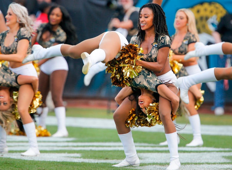 Dec 1, 2019; Jacksonville, FL, USA;Members of the Jacksonville Jaguars cheerleaders \"The Roar\" perform during the second half against the Tampa Bay Buccaneers at TIAA Bank Field. Mandatory Credit: Reinhold Matay-USA TODAY Sports