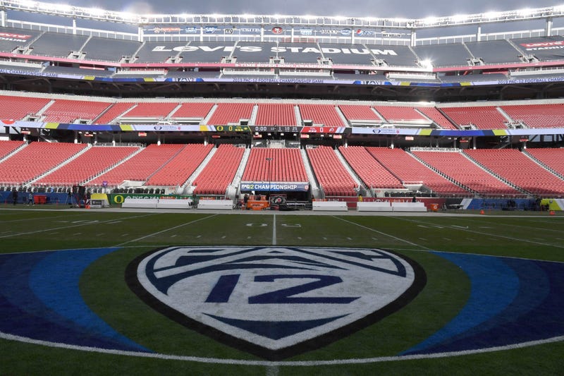 General overall view of Pac-12 logo at midfield prior to the Pac-12 Conference championship game between the Oregon Ducks and the Utah Utes at Levi's Stadium.