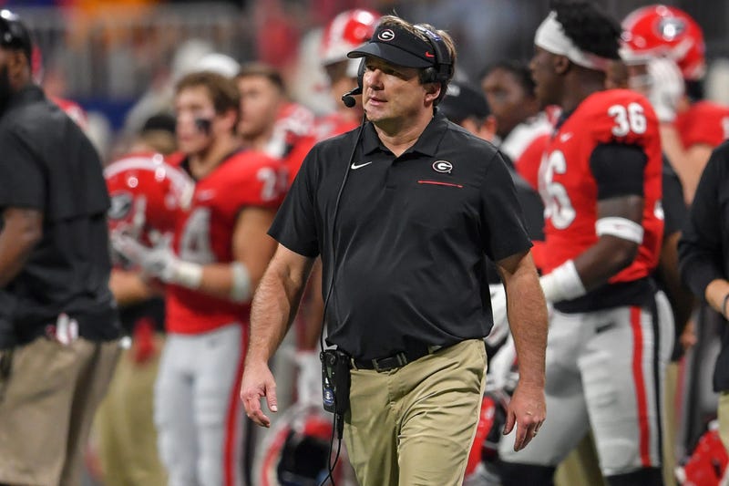 Dec 7, 2019; Atlanta, GA, USA; Georgia Bulldogs head coach Kirby Smart reacts on the sideline during the first half of the 2019 SEC Championship Game against the LSU Tigers at Mercedes-Benz Stadium. Mandatory Credit: Dale Zanine-USA TODAY Sports