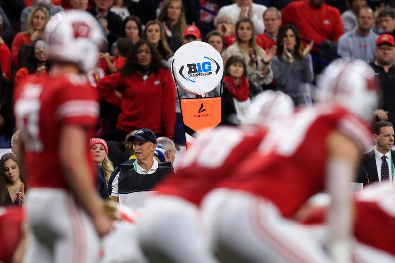 A view of the Big Ten logo on a sideline marker as the Wisconsin Badgers offense takes the field against the Ohio State Buckeyes defense during the first half in the 2019 Big Ten Championship Game at Lucas Oil Stadium.