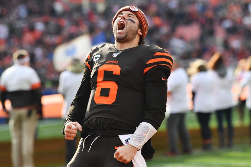 Dec 8, 2019; Cleveland, OH, USA; Cleveland Browns quarterback Baker Mayfield (6) fires up the crowd before the game between the Cleveland Browns and the Cincinnati Bengals during the first half at FirstEnergy Stadium.