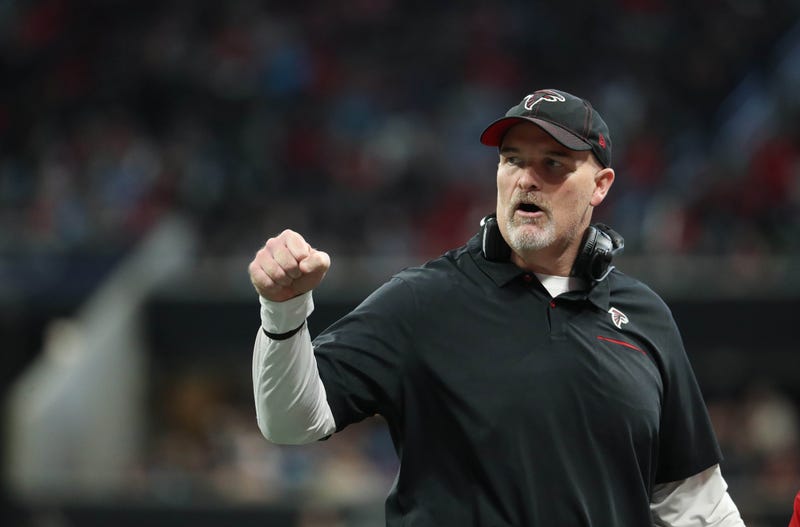 Dec 8, 2019; Atlanta, GA, USA; Atlanta Falcons head coach Dan Quinn reacts to a play in the first half against the Carolina Panthers at Mercedes-Benz Stadium. Mandatory Credit: Jason Getz-USA TODAY Sports