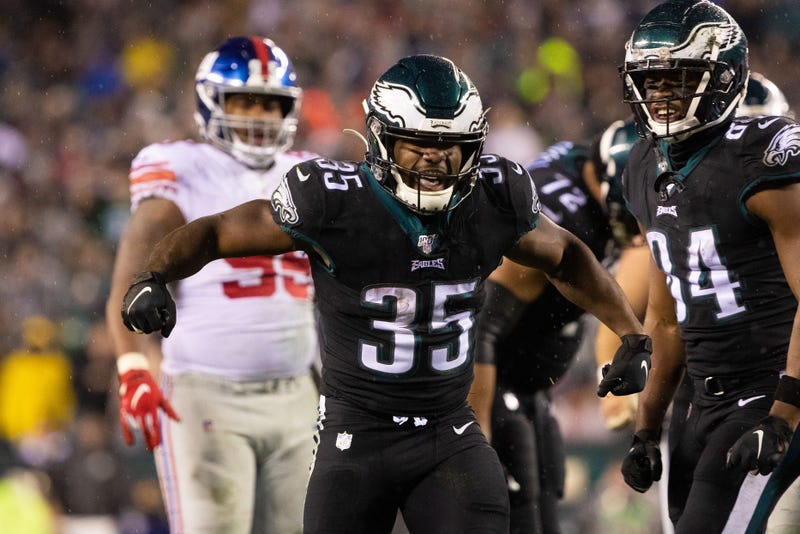 Philadelphia Eagles running back Boston Scott (35) reacts after his run for a first down during the third quarter against the New York Giants at Lincoln Financial Field.