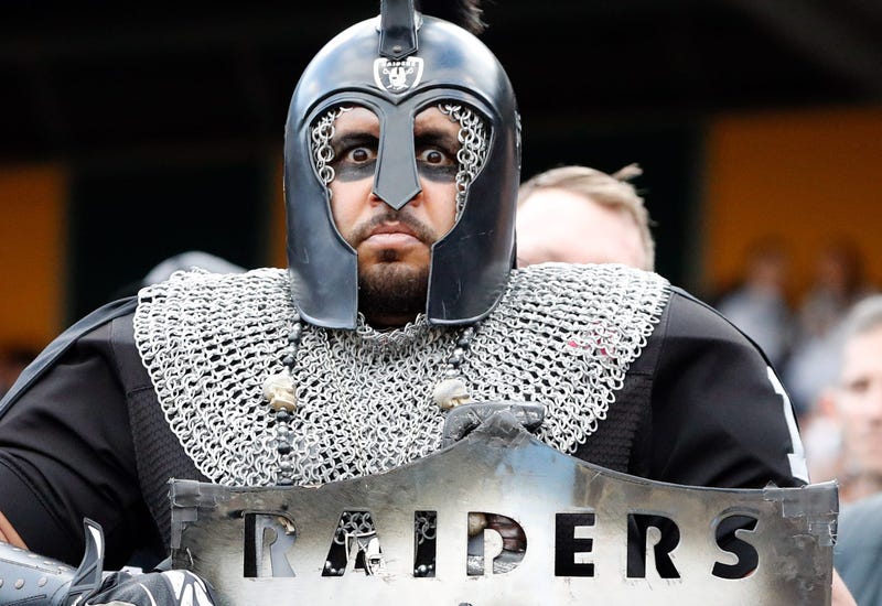 Dec 15, 2019; Oakland, CA, USA; A costumed Oakland Raiders fan poses for a photo during the first quarter of the game between the Oakland Raiders and the Jacksonville Jaguars at Oakland Coliseum. Mandatory Credit: Darren Yamashita-USA TODAY Sports