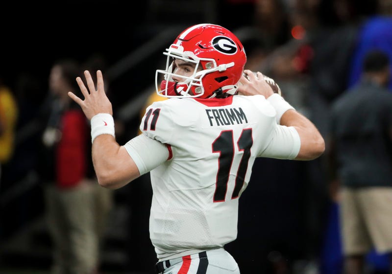 Jan 1, 2020; New Orleans, Louisiana, USA; Georgia Bulldogs quarterback Jake Fromm (11) throws in warm ups prior to kickoff against the Baylor Bears at the Mercedes-Benz Superdome. Mandatory Credit: Derick E. Hingle-USA TODAY Sports