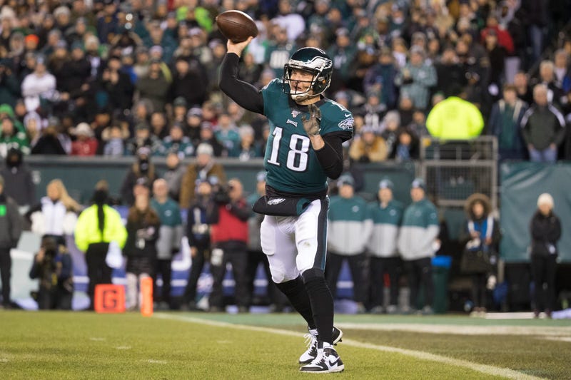 Eagles' Josh McCown (18) throws downfield against the Seahawks, Jan. 1, 2020.