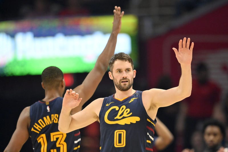 Jan 7, 2020; Cleveland, Ohio, USA; Cleveland Cavaliers center Tristan Thompson (13) and forward Kevin Love (0) react in the second quarter against the Detroit Pistons at Rocket Mortgage FieldHouse. Mandatory Credit: David Richard-USA TODAY Sports