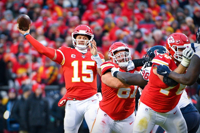 Kansas City Chiefs quarterback Patrick Mahomes (15) passes against the Houston Texans during the third quarter in a AFC Divisional Round playoff football game at Arrowhead Stadium. Credit: Denny Medley-USA TODAY Sports