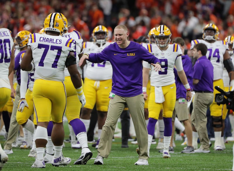 LSU Tigers passing game coordinator Joe Brady talks to his team before the College Football Playoff national championship game against the Clemson Tigers at Mercedes-Benz Superdome.