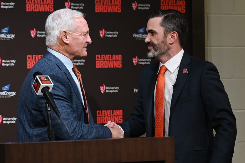 Cleveland Browns owner Jimmy Haslam shakes hands with new Browns head coach Kevin Stefanski during a press conference at FirstEnergy Stadium.
