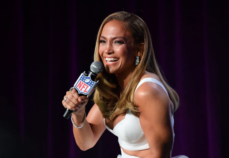 Jan 30, 2020; Miami, Florida, USA; Recording aritsts Shakira (left) and Jennifer Lopez (right) during the Super Bowl LIV halftime talent show press conference at the Hilton Downtown Miami. Mandatory Credit: Steve Mitchell-USA TODAY Sports