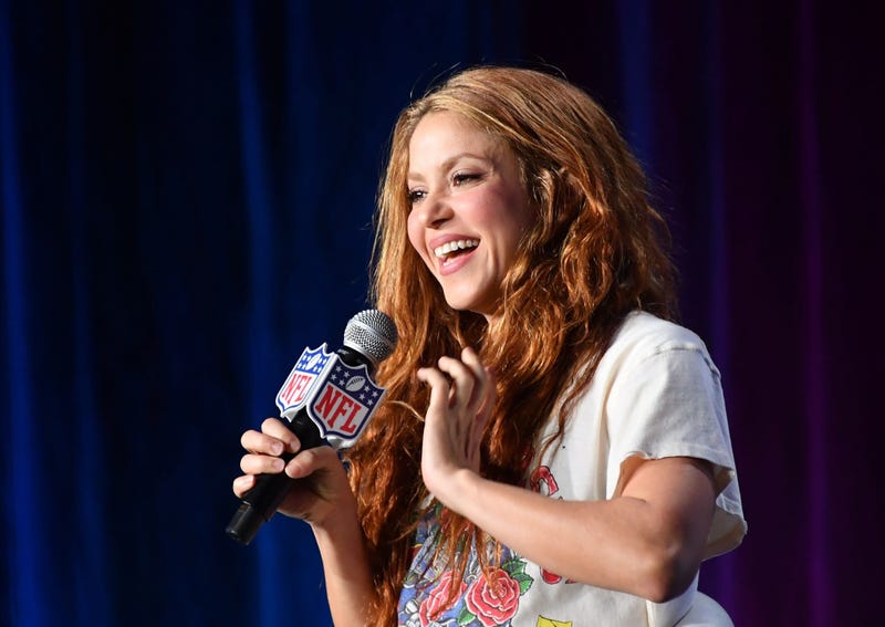 Jan 30, 2020; Miami, Florida, USA; Recording aritsts Shakira (left) and Jennifer Lopez (right) during the Super Bowl LIV halftime talent show press conference at the Hilton Downtown Miami. Mandatory Credit: Steve Mitchell-USA TODAY Sports