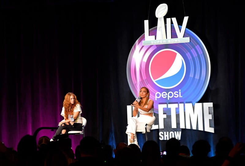 Jan 30, 2020; Miami, Florida, USA; Recording aritsts Shakira (left) and Jennifer Lopez (right) during the Super Bowl LIV halftime talent show press conference at the Hilton Downtown Miami. Mandatory Credit: Steve Mitchell-USA TODAY Sports