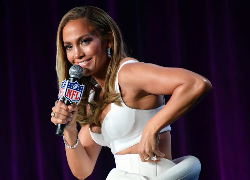 Jan 30, 2020; Miami, Florida, USA; Recording artists Shakira (left) and Jennifer Lopez (right) during the Super Bowl LIV halftime talent show press conference at Hilton Downtown. Mandatory Credit: Kirby Lee-USA TODAY Sports