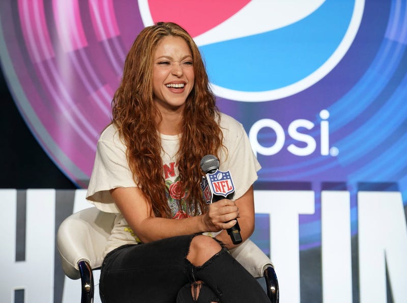 Jan 30, 2020; Miami, Florida, USA; Recording artists Shakira (left) and Jennifer Lopez (right) during the Super Bowl LIV halftime talent show press conference at Hilton Downtown. Mandatory Credit: Kirby Lee-USA TODAY Sports