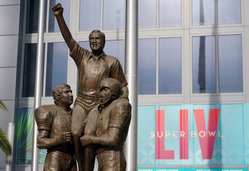 General view of statue of former Miami Dolphins coach Don Shula at Hard Rock Stadium, the site of Super Bowl LIV between the San Francisco 49ers and the Kansas City Chiefs
