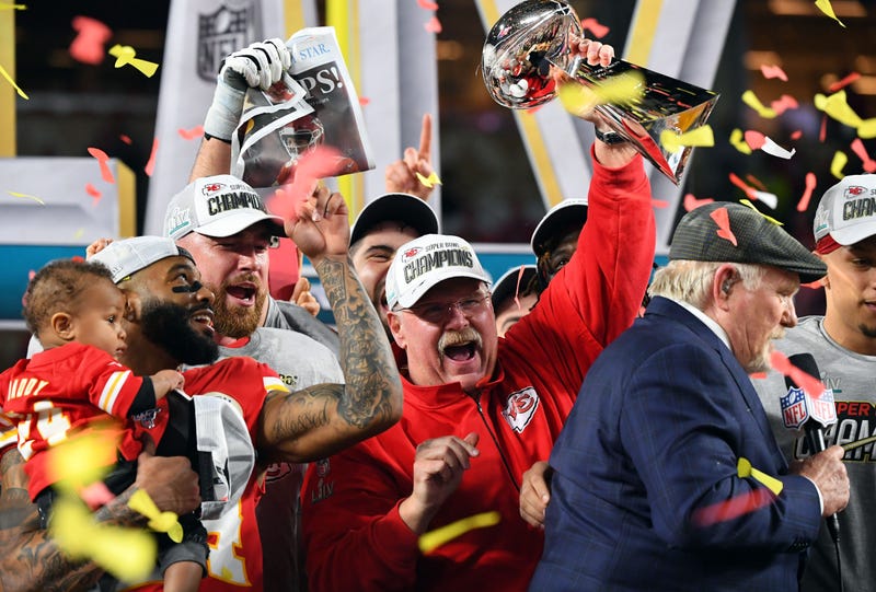 Feb 2, 2020; Miami Gardens, Florida, USA; Kansas City Chiefs head coach Andy Reid hoist the Vince Lombardi Trophy after defeating the San Francisco 49ers in Super Bowl LIV at Hard Rock Stadium. Credit: Robert Deutsch-USA TODAY Sports