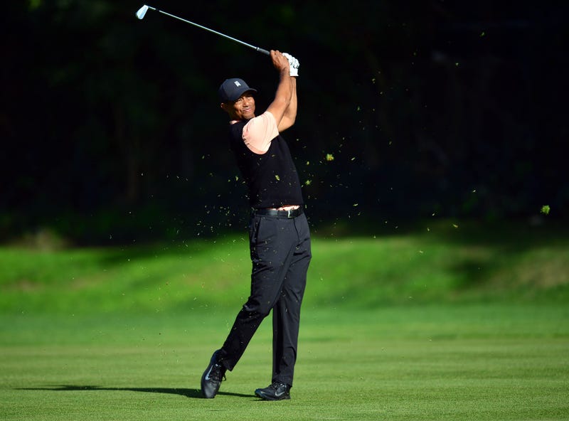 February 13, 2020; Pacific Palisades, California, USA; Tiger Woods hits on the twelfth hole fairway during the first round of the The Genesis Invitational golf tournament at Riviera Country Club. Mandatory Credit: Gary A. Vasquez-USA TODAY Sports
