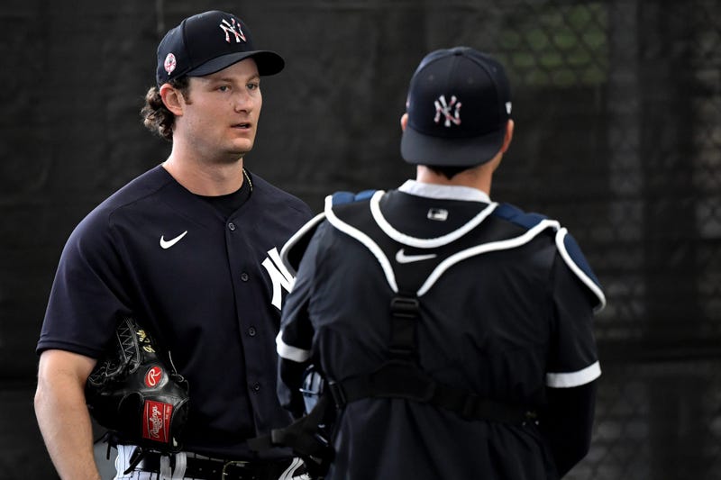 New York Yankees starting pitcher Gerrit Cole (45) looks on during spring training at George M. Steinbrenner Field.