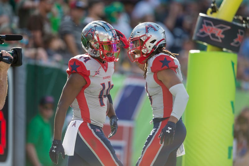 Houston Roughnecks wide receiver Cam Phillips (14) celebrates with wide receiver Sam Mobley (3) after scoring a touchdown during the second half at Raymond James Stadium