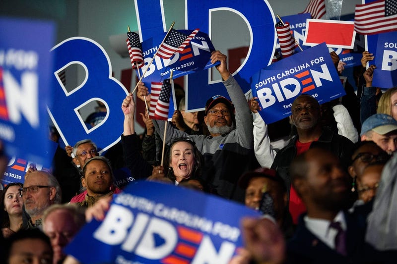 Supporters of democratic presidential candidate Joe Biden cheer during a rally in Columbia after his victory in the South Carolina primary Saturday, Feb. 29, 2020. Jm Biden 022920 033