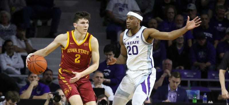 Mar 7, 2020; Manhattan, Kansas, USA; Iowa State Cyclones guard Caleb Grill (2) is guarded by Kansas State Wildcats forward Xavier Sneed (20) during the first half at Bramlage Coliseum. Scott Sewell-USA TODAY Sports