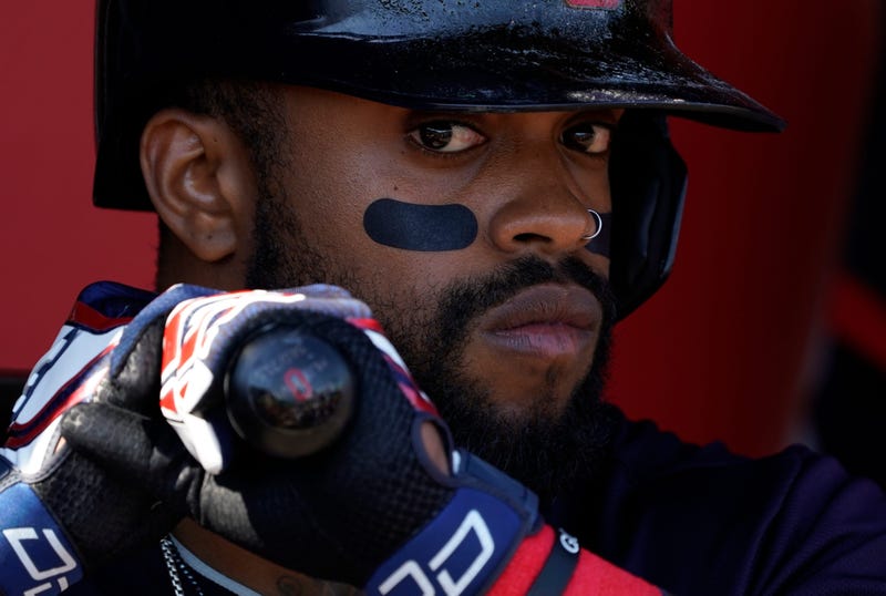Mar 9, 2020; Tempe, Arizona, USA; Cleveland Indians center fielder Delino DeShields (0) gets ready for a spring training game against the Los Angeles Angels at Tempe Diablo Stadium. Mandatory Credit: Rick Scuteri-USA TODAY Sports