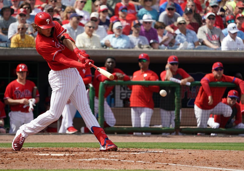 Philadelphia Phillies third baseman Alec Bohm (80) hits a single against the Toronto Blue Jays during the second inning at Spectrum Field.