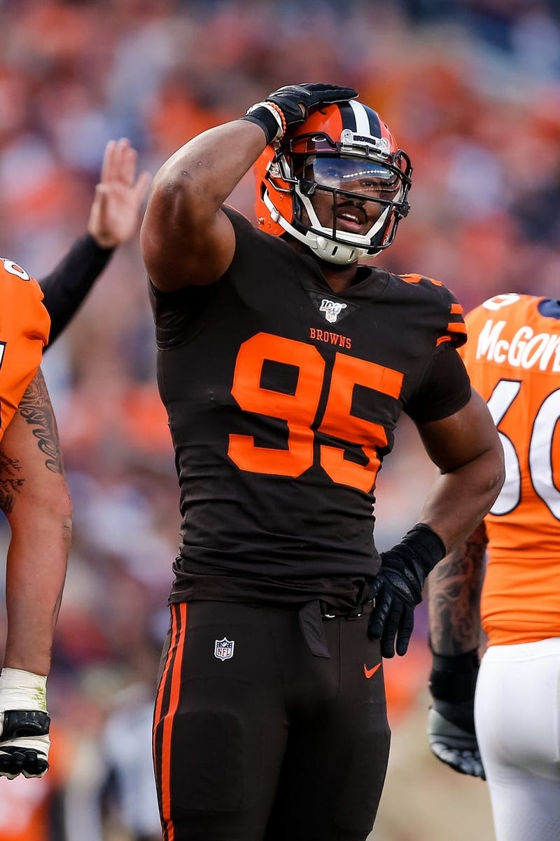 Cleveland Browns defensive end Myles Garrett (95) reacts after a play in the second quarter against the Denver Broncos at Empower Field at Mile High.