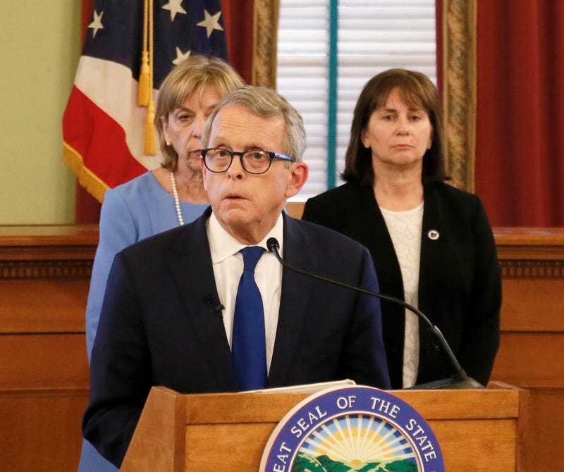 Mar 15, 2020; Columbus, OH, USA; Governor Mike DeWine speaks during a press conference to update the public on efforts to fight the coronavirus on Sunday, March 15, 2020 at the Ohio Statehouse. The Governor ordered that all bars and restaurants close at 9