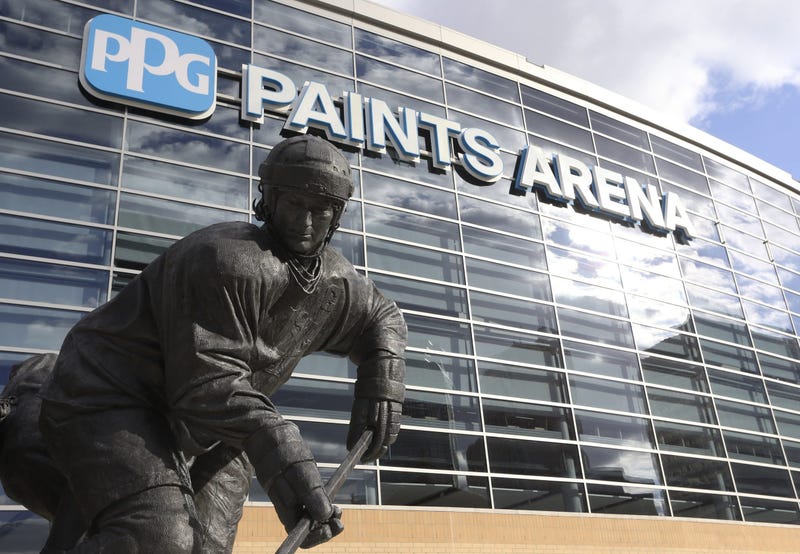 General exterior view of the Mario Lemieux statue outside the PPG PAINTS Arena