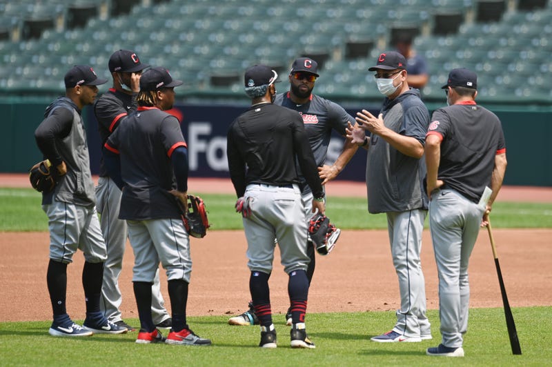 Jul 7, 2020; Cleveland, Ohio, United States; Cleveland Indians manager Terry Francona talks to the infielders during workouts at Progressive Field. Mandatory Credit: Ken Blaze-USA TODAY Sports