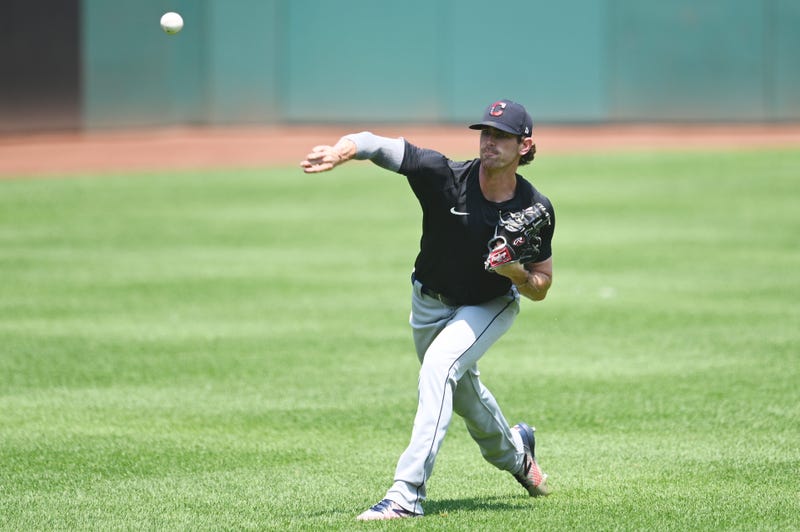 Jul 8, 2020; Cleveland, Ohio, United States; Cleveland Indians starting pitcher Shane Bieber (57) throws during workouts at Progressive Field. Mandatory Credit: Ken Blaze-USA TODAY Sports