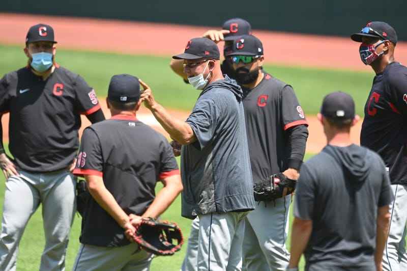  Cleveland Indians manager Terry Francona talks to the team during workouts at Progressive Field.