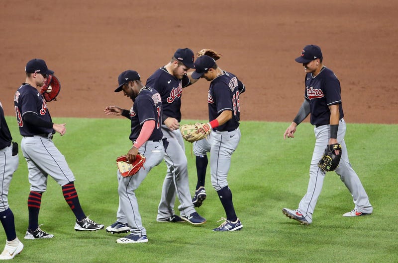 Jul 18, 2020; Pittsburgh, Pennsylvania, USA; The Cleveland Indians celebrate after defeating the Pittsburgh Pirates at PNC Park. The Indians won 5-3.