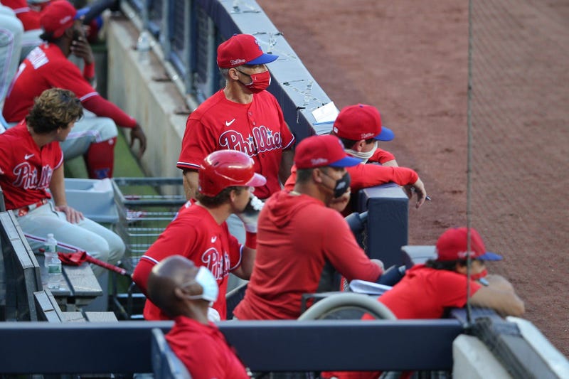 Philadelphia Phillies manager Joe Girardi looks on from the dugout 