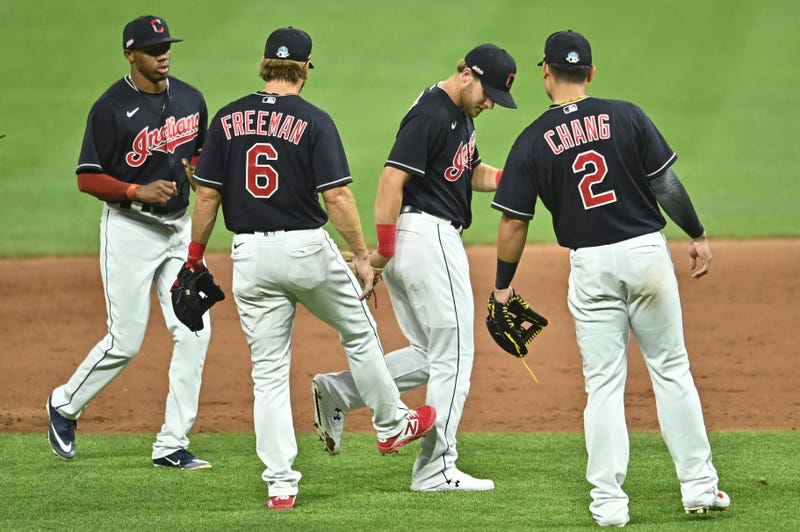 Cleveland Indians left fielder Greg Allen (1) and infielder Mike Freeman (6) and infielder Jake Elmore (13) and infielder Yu Chang (2) celebrate after defeating the Pittsburgh Pirates at Progressive Field.