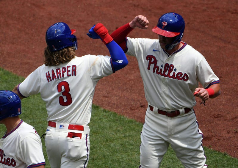 Philadelphia Phillies right fielder Bryce Harper (3) celebrates with first baseman Rhys Hoskins (17) after his three-run home run in the first inning against the Miami Marlins at Citizens Bank Park.
