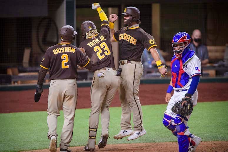 Fernando Tatis Jr., Trent Grisham, Austin Hedges, Jose Trevino, Texas Rangers, San Diego Padres, Home Run, Globe Life Field, 2020