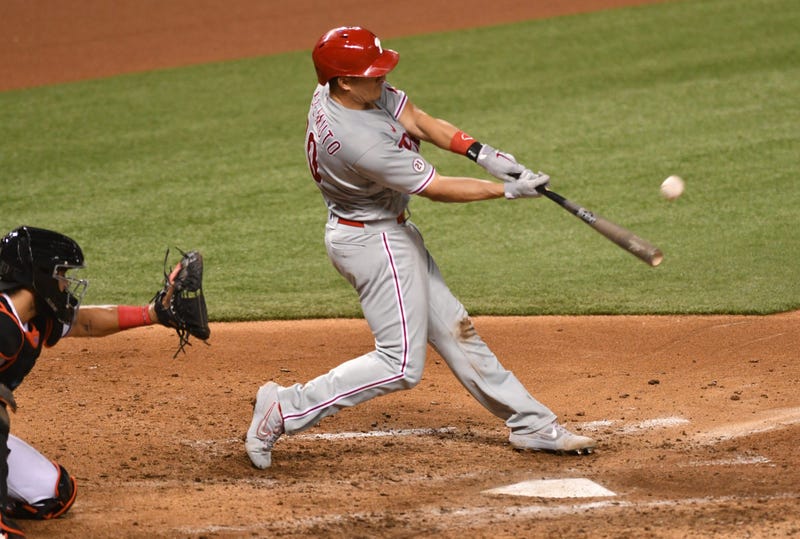 Philadelphia Phillies catcher J.T. Realmuto (10) hits a solo home run in the fifth inning against the Miami Marlins at Marlins Park.