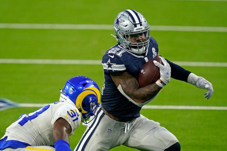 Ezekiel Elliott, Running, Los Angeles Rams, Blue Jersey, 2020