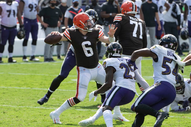 Sep 13, 2020; Baltimore, Maryland, USA; Cleveland Browns quarterback Baker Mayfield (6) throws from the pocket during the first half against the Baltimore Ravens at M&T Bank Stadium. Mandatory Credit: Tommy Gilligan-USA TODAY Sports