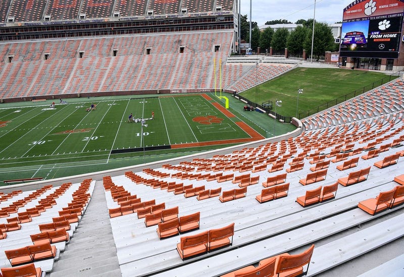 Seats spread apart for social distancing at Memorial Stadium in Clemson, S.C. Tuesday, Sept. 15, 2020.