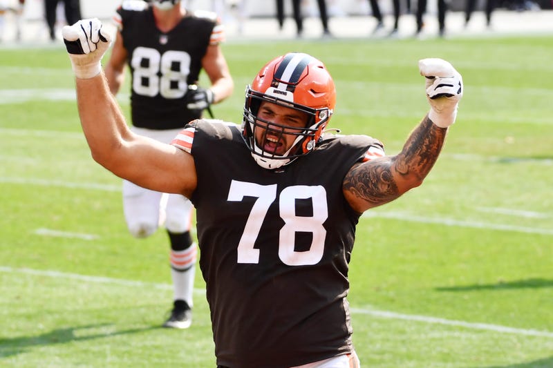 Sep 27, 2020; Cleveland, Ohio, USA; Cleveland Browns offensive tackle Jack Conklin (78) celebrates after running back Nick Chubb (not pictured) scored a touchdown during the second half against the Washington Football Team at FirstEnergy Stadium. Mandator