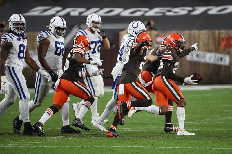 The Cleveland Browns celebrate an interception during the fourth quarter of the NFL week 5 game at First Energy Stadium in Cleveland, Ohio, on Sunday, Oct. 11, 2020. The Browns won, 32-23. Indianapolis Colts At Browns At First Energy Stadium In Nfl Week 5
